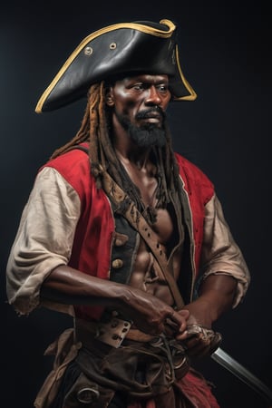 RAW natural photo PORTRAIT of CARIBEAN PIRATES  realistic, no muscles, slim body, realisct, no friendly, ((full body)), sharp focus, depth of field, shoot, ,side shot, side shot, ultra hd, realistic, vivid colors, highly detailed, perfect composition, 8k artistic photography, photorealistic concept art, soft natural volumetric cinematic perfect light, black background studio,
