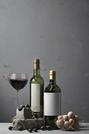  chesse and wine, bottles, glasses, foodstyling, minimal style location, OLIVES, CONCRET DARK GREY BACKGROUND, SERVED SQUIRT WINE , CENITAL SHOOT BOTTLE
