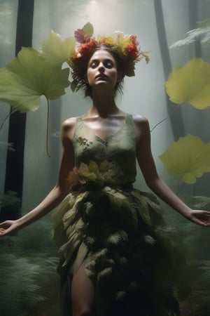 cinematic film still (Raw Photo:1.3) of (Ultrarealistic:1.3) an awarded profesional photo of Leafwhisper - A gentle, forest spirit with leaves and flowers growing from its body., ideal body posture,perfect body proportions, by jeremy mann, by sandra chevrier, by maciej kuciara,(masterpiece:1.2),(ultradetailed:1.1), ultrasharp, (perfect, body:1.1),(realistic:1.3),(real shadow:1.2), photo Fujifilm XT3,,(perfect body proportions:1.1) different posture, up arms, ((arms up)), rainbow,  in old used 1800 peasant clothing, crazy mad aggressive face and eyes, fantasy, concept art,NYFlowerGirl, arms up, tropical rain, jump up, full body