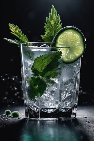 RAW natural photo Of movingt glass of dry gin tonic splash, zoom out to the glass, scratch ice, 
two thin slices of fresh cucumber and a mint leaf , only one light cenital chimera, day advertising shooting (((infinite black  background))) , realistic photograph, sharp focus, depth of field, shoot, ,side shot, side shot, ultrahd, realistic, vivid colors, highly detailed, perfect composition, 8k, photorealistic concept art, soft natural volumetric cinematic perfect light, NIGHT RACE IN A CIRCUIT, ADVERTISING SHOT
,mecha,robot,cyborg style,cyborg