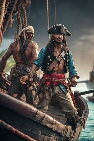 RAW natural photo of CARIBEAN PIRATES FIGHTING realistic, no muscles, slim body, realisct, no friendly, ((full body)), sharp focus, depth of field, shoot, ,side shot, side shot, ultra hd, realistic, vivid colors, highly detailed, perfect composition, 8k artistic photography, photorealistic concept art, soft natural volumetric cinematic perfect light, black background studio,