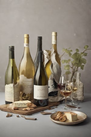  chesse and wines, bottles, glasses, foodstyling
