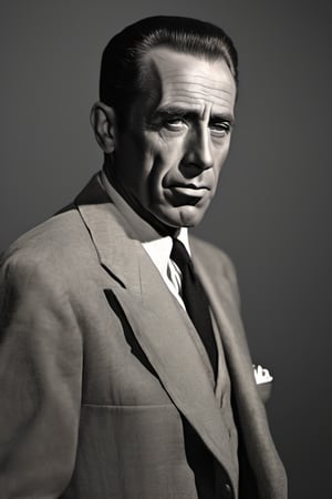 RAW natural photo PORTRAIT of Humphrey Bogart realistic, no muscles, slim body, realisct, no friendly, ((full body)), sharp focus, depth of field, shoot, ,side shot, side shot, ultra hd, realistic, vivid colors, highly detailed, perfect composition, 8k artistic photography, photorealistic concept art, soft natural volumetric cinematic perfect light, black background studio,