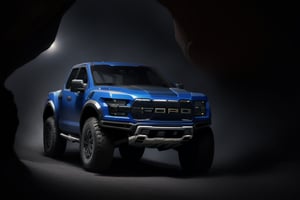3 ford raptor big jumping in great canyon, high detail ford raptor dark blue, natural photography, dramatic light, advertising shooting, 4k, high resolution, realistic photography, 13hs,  sharpen more, truck lights are  turn on, perfect details of the car, aereal shoot, 120 mph, alpha channel
