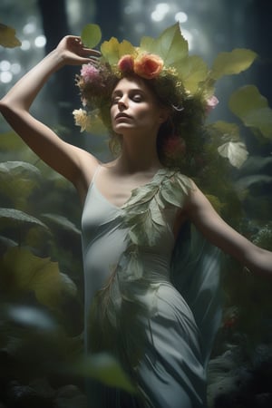 cinematic film still (Raw Photo:1.3) of (Ultrarealistic:1.3) an awarded profesional photo of Leafwhisper - A gentle, forest spirit with leaves and flowers growing from its body., ideal body posture,perfect body proportions, by jeremy mann, by sandra chevrier, by maciej kuciara,(masterpiece:1.2),(ultradetailed:1.1), ultrasharp, (perfect, body:1.1),(realistic:1.3),(real shadow:1.2), photo Fujifilm XT3,,(perfect body proportions:1.1) different posture, up arms, ((arms up)), rainbow,  in old used 1800 peasant clothing, crazy mad aggressive face and eyes, fantasy, concept art,NYFlowerGirl, arms up