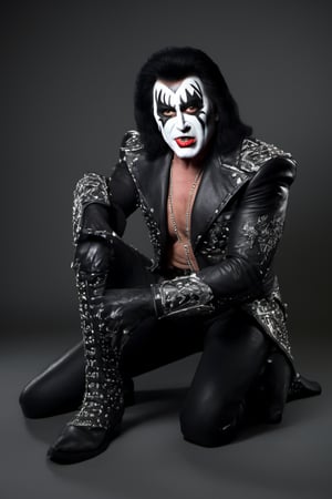 RAW natural photo OF Gene Simmons kiss, slim body, realisct, no friendly, ((full body)), sharp focus, depth of field, shoot, ,side shot, side shot, ultra hd, realistic, vivid colors, highly detailed, perfect composition, 8k artistic photography, photorealistic concept art, soft natural volumetric cinematic perfect light, black background studio, ,OHWX, ,OHWX WOMEN 