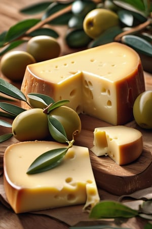 RAW natural photo big peace of gruyere cheese, masterpiece, oiled, side shot, ultra hd, realistic, olives, leaves of olive, vivid colors, highly detailed, perfect composition, beautiful, almounds, detailed intricate insanely detailed octane render trending on artstation, 8k artistic photography, photorealistic concept art, soft natural volumetric cinematic perfect light