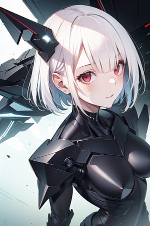 stealthtech ,scifi ,cutting edge , sleek angular , 1girl, bob cut , white hair , red eyes