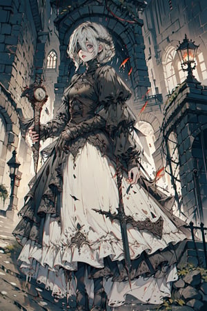 masterpiece, high quality, weapon,blind, firekeeper,night, gothic, hair between eyes, best quality, scenery,( full body, upper body, ), building, absurd res,fishnets, original costume, small breast,yorha no. 2 type b