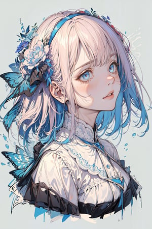 masterpiece, best quality, 1girl, flowers, flat color, lineart, ornate, blue theme , left side