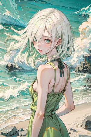 (masterpiece), best quality, expressive eyes, perfect face, 1girl, solo, small breasts, Green sundress, white hair, hair over one eye, beach, rocks,arms behind back