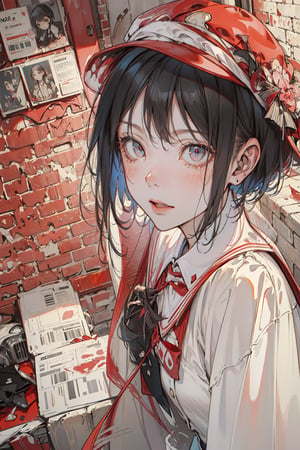 (masterpiece), best quality, expressive eyes,illustration,1girl,solo,black_hair,shorthair,one face,street,background,red brick wall,(hand behind:1.5) , red white hat , black uniform