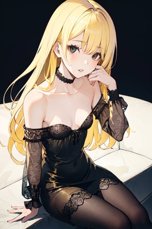  1girl, solo, blond hair,  dress, long hair, sitting, bare shoulders, looking at viewer, parted lips, breasts, collarbone, black eyes, lips, see-through, off shoulder, small breasts
