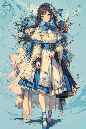 masterpiece, best quality, 1girl, flowers, flat color, lineart, ornate, blue theme , front-view