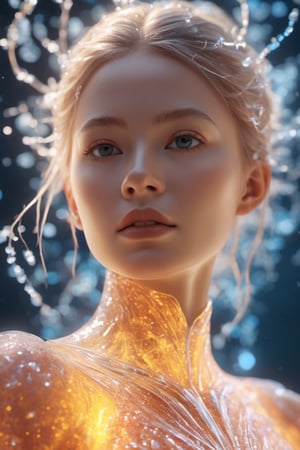 the frozen human body, quantum particles, full body, nature, subsurface scattering, transparent, translucent skin, glow, bloom, Bioluminescent liquid,3d style,cyborg style,Movie Still,Leonardo Style, warm color, vibrant, volumetric light, foam glow