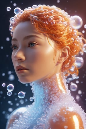 the frozen human body, bubbles, emergence energy, full body, nature, subsurface scattering, transparent, translucent skin, glow, bloom, Bioluminescent liquid,3d style,cyborg style,Movie Still,Leonardo Style, warm color, vibrant, volumetric light, foam glow