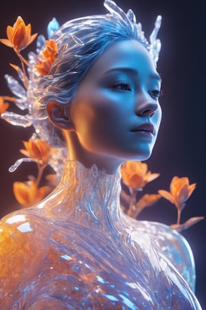 the frozen human body, full body, nature, subsurface scattering, transparent, translucent skin, glow, bloom, Bioluminescent liquid,3d style,cyborg style,Movie Still,Leonardo Style, warm color, vibrant, volumetric light