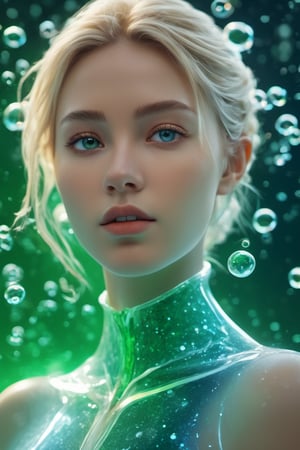 the frozen human body, bubbles, green eyes, blonde hair, emergence energy, full body, nature, subsurface scattering, transparent, translucent skin, glow, bloom, Bioluminescent liquid,3d style,cyborg style,Movie Still,Leonardo Style, warm color, vibrant, volumetric light, foam glow