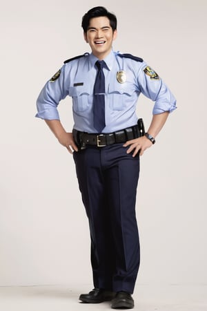 solo, smile, open mouth, simple background, shirt, black hair, 1man, thick eyebrows,white background, standing, full body, male focus, necktie, teeth, collared shirt, belt, pants, uniform, sandals, blue jacket, black necktie, blue pants, fat, police, police uniform,
