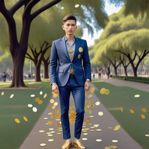 Short hair, man,Blue blazer with golden currency symbols all over,bule long pants,bule shoe,full body ,stand in park