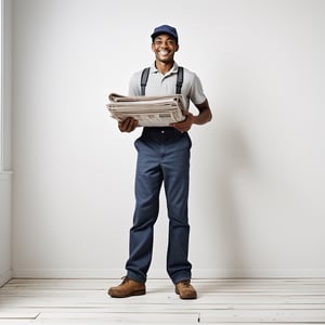 african american newspaper delivery boy,smile full-body shot, Feet standing on wooden floor ,white room