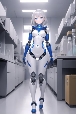 White girl robot human  silver hair head blue eyes  robot body full body standing in the laboratory