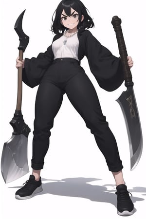 solo, looking at viewer, simple background, black hair, long sleeves, 1girl, white background, holding, standing, full body, weapon, female focus, shoes, pants, holding axe, black eyes, facial hair, thick eyebrows, anger smile ,black giant pearl necklace