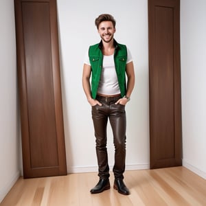 Brown-haired man, green vest showing belly button, brown denim trousers, black leather shoes,smile full-body shot, Feet standing on wooden floor ,white room