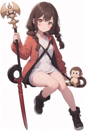 solo, simple background, brown hair, 1girl, white background, holding, weapon, female focus, cloud, :3, blush stickers, staff, monkey tail, monkey, full body 