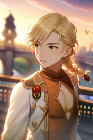 solo, blonde hair, 1boy, jewelry, braid, male focus, outdoors, blurry, clothing cutout, cleavage cutout, bug, building, sunset, bridge, ladybug, giorno giovanna