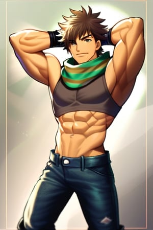 solo, brown hair, gloves, 1boy, male focus, boots, midriff, pants, fingerless gloves, scarf, crop top, muscular, abs, denim, arms behind head, jeans, narrow waist, striped scarf, green scarf, joseph joestar, joseph joestar \(young\)