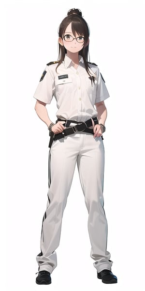 solo, looking at viewer, simple background, brown hair, 1girl, white background, standing, full body, female focus, glasses, belt, pants, black footwear, uniform, cuffs, white pants, handcuffs