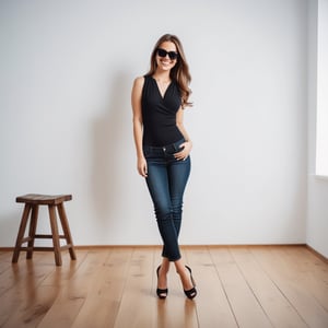 Woman in sunglasses black dress and jeans,high heels,smile full-body shot, Feet standing on wooden floor ,white room