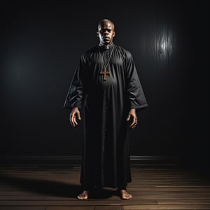 Evil African American Black Priest,anger,full-body shot, Feet standing on wooden floor ,black room