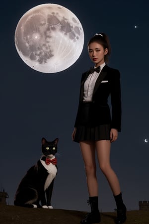 solo, looking at viewer, brown hair, black ponytail hair, 1girl, bow, full body, female , sky, bowtie, vest, black bow, night, formal, moon, suit, short skirt,night sky, full moon, black bowtie, realistic, with black cat \(animal\), vampire, castle, traditional bowtie