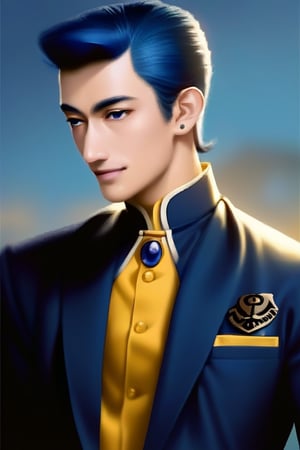 solo, blue eyes, black hair, 1boy, jewelry, school uniform, blue hair, upper body, male focus, heart, earrings, brooch, yellow shirt, realistic, anchor symbol, gakuran, pompadour, peace symbol, higashikata josuke