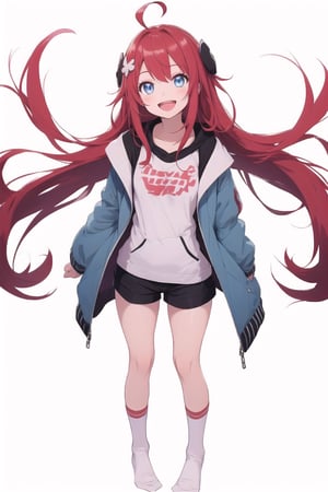 1girl, solo, long hair, looking at viewer, smile, open mouth, blue eyes, simple background, hair ornament, long sleeves, white background, standing, jacket, full body, ahoge, :d, red hair, shorts, socks, sleeves past wrists, v