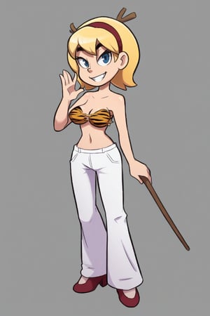 solo, looking at viewer, smile, blonde hair, 1girl, female  parody, what, full body ,tiger bikini, white pants standing ,hairband hand holding long golden thick stick