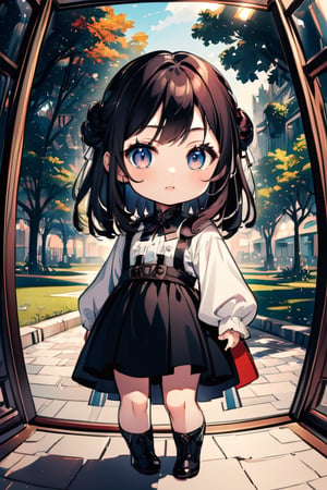 ((anime chibi style)), cute looking girl with adorable eyes in the park, dynamic angle, depth of field