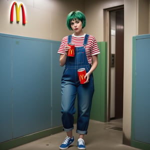  Green short hair woman blue denim overalls blue sneakers holding McDonald's Coke in left hand full body standing  in prison room 