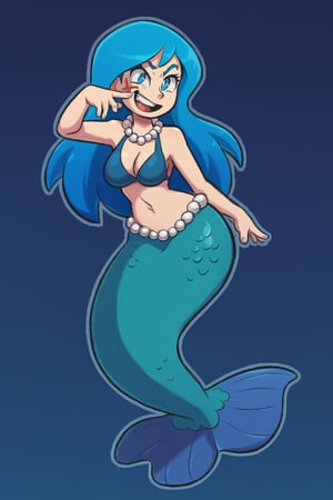  Blue long Hair  blue bikini Black Pearl Necklace Mermaid full body standing anger smile 