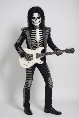 Skeleton Michael Jackson suit and guitar smile full body feet standing in white room ,<lora:659095807385103906:1.0>