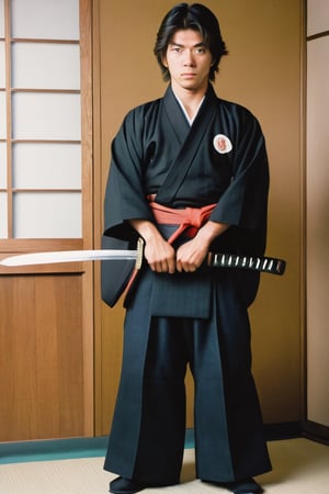 1boy,Japanese male students holding samurai swords in the 1980s full body standing in room 