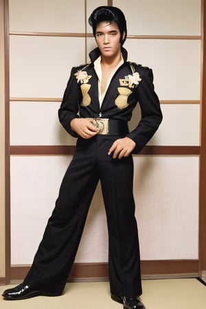 1boy,Japanese male black students uniform Elvis hairstyle  the 1980s full body standing in room 