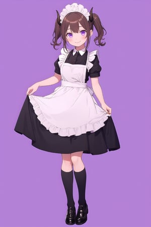 1girl, solo, looking at viewer, smile, simple background, brown hair, standing, full body, ahoge, black horns, socks, striped, apron, maid, kneehighs, maid headdress, :3, purple background, striped socks