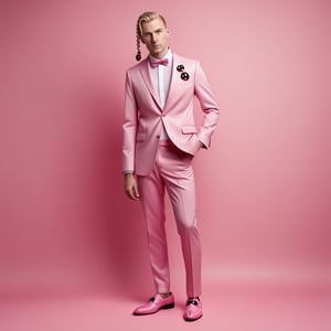  Blonde man with long braid wears pink suit with ladybug as decoration pink leather shoes full body cool standing