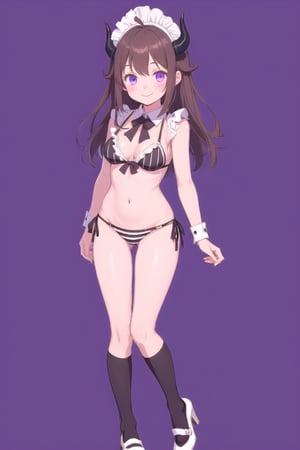 1girl, solo, looking at viewer, smile, simple background, brown hair, standing, full body, ahoge, horns, black bikini, maid, kneehighs, maid headdress, :3, purple background, striped socks