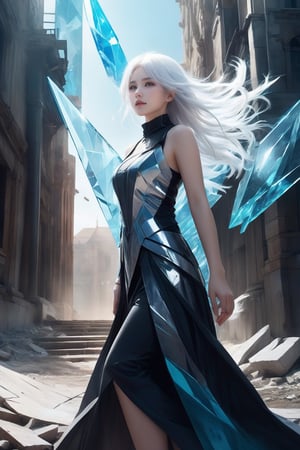 realistic photo,abandoned,1girl,solo, long hair,(beautiful hands) (white hair:1.4),(shard of glass:1.4),up body,A shot with tension,(sky glows cyan,Visual impact,giving the poster a dynamic and visually striking appearance:1.2),
