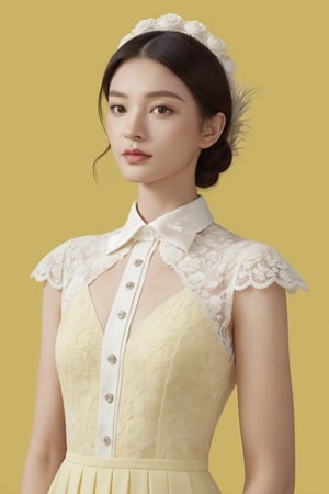 Best quality,masterpiece,ultra high res,photorealistic,1girl,solo,looking at viewer,studio light,realistic,photorealistic,tuxedo,Pastel Yellow,a supernatural political campaign, Half Body,wearing lace-trimmed dress,white,white background,
