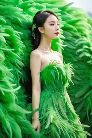 1girl,a gorgeous long dress made of feathers,green feather,huge feathers,complex background,beautiful background,(feathers everywhere:1.3),depth of field level,
,chinese girls